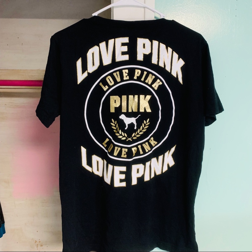 Victoria Secret Pink Lace Up Black & Glitter Tee